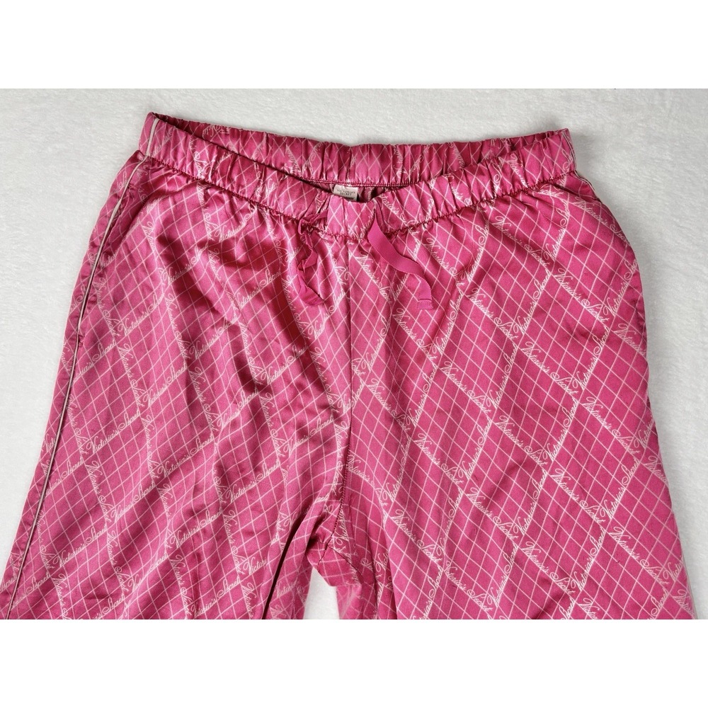 Victoria's Secret Women's Small Satin Pajama Pants Pink Check Script Logo - Picture 2 of 9